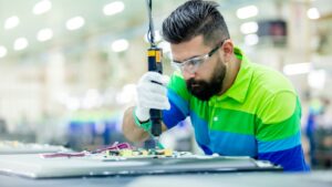 A worker in a semiconductor factory operating precision equipment