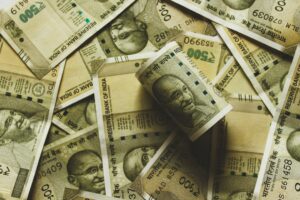 Indian rupee banknotes, illustrating the currency's recent slide against the US dollar