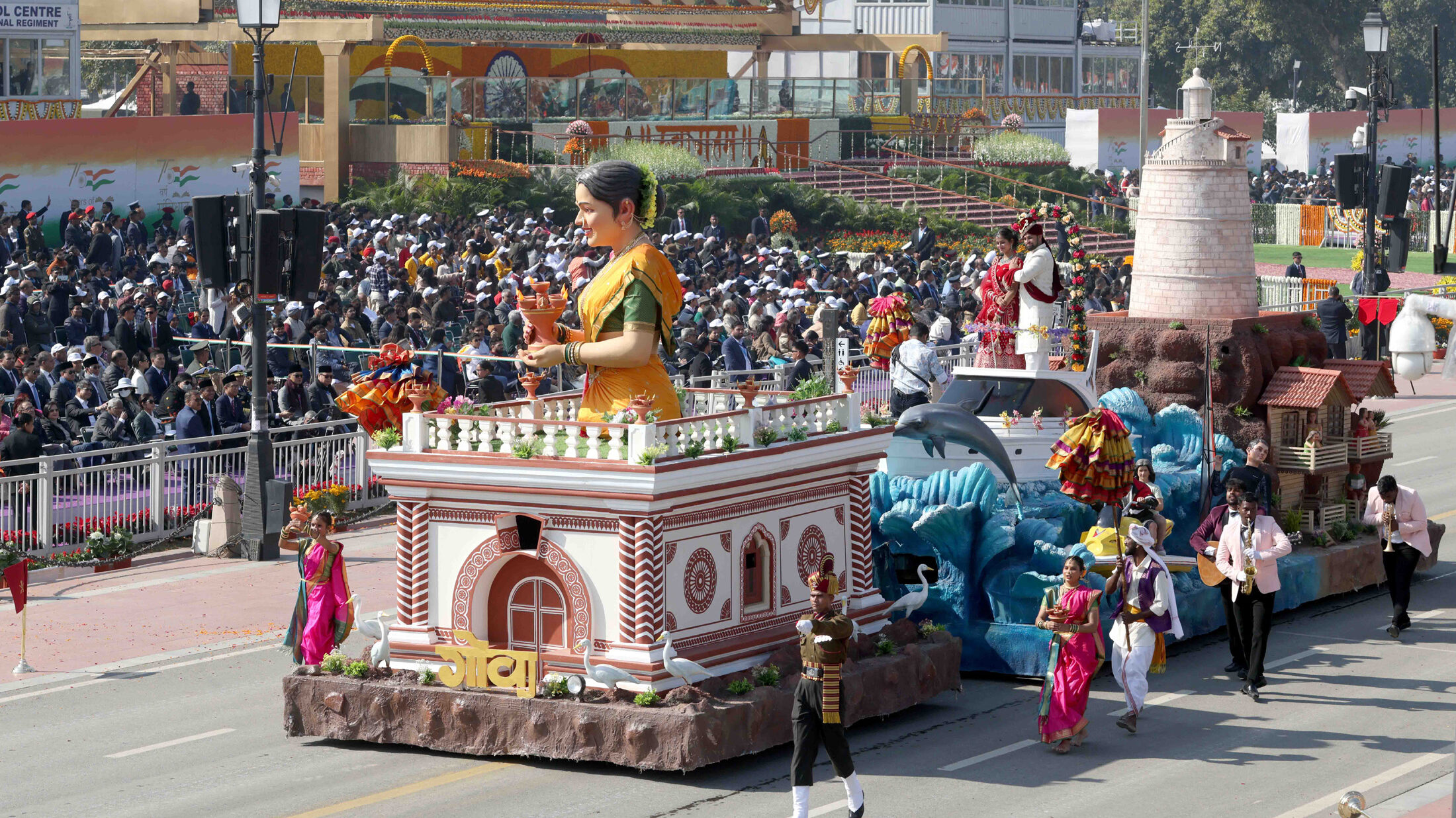 Goa state tableau with dancers in traditional dress passing crowds on Kartavya Path at the 2025 Republic Day Parade in New Delhi
